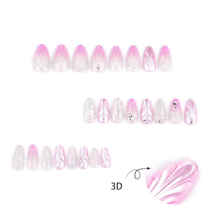 24pcs 3D Handmade Press on Nails Medium Almond Fake Nails with Pearl Shell Star Rhinestones Designs Pink Gradient False Nails Stick on Nails Summer Full Cover Acrylic Nails Glue on Nails for Women