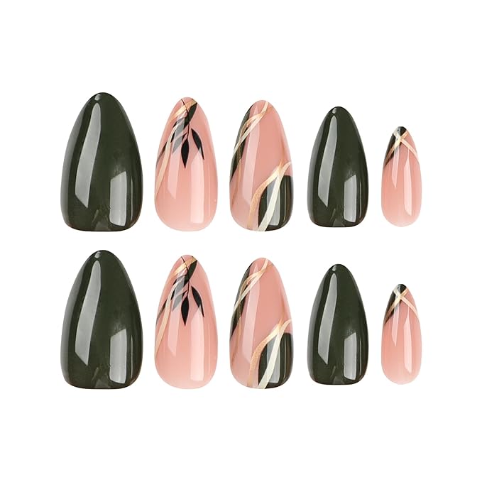 Almond Press On Nails - Green Leaf Designs, Medium False Nails, Reusable Glue On, Glossy Acrylic Finish, DIY Manicure Set