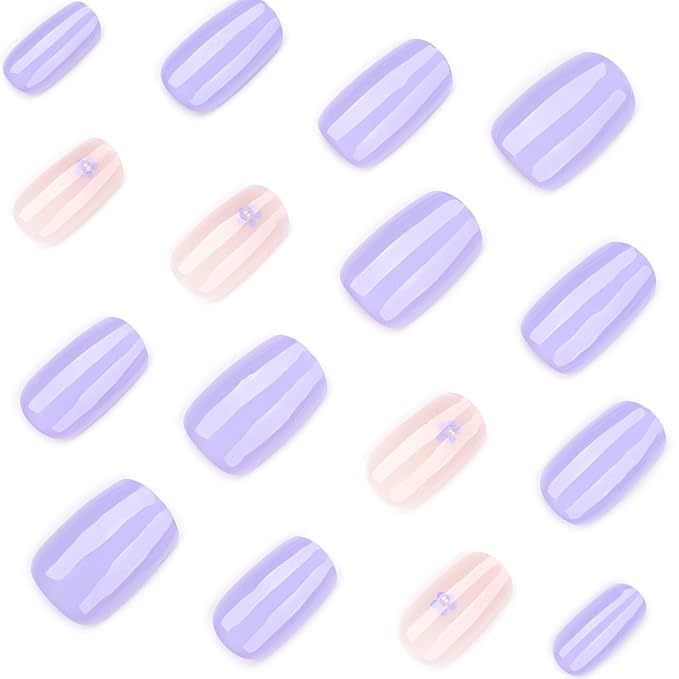 Lavender and Pink Press On Nails Square Short, Purple Flower Fake Nails with 3D Floral Design, Glossy Finish Reusable Acrylic Nails, Natural Glue On Nails Kit for Women, 24Pcs