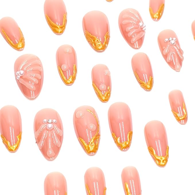 24Pcs Pink Press on Nails Medium Almond Fake Nails Gold French Tip Glue on Nails with 3D Stereoscopic Pearl Rhinestones Design Glossy Acrylic Nails Kit Reusable False Nails for Women Manicure Salon