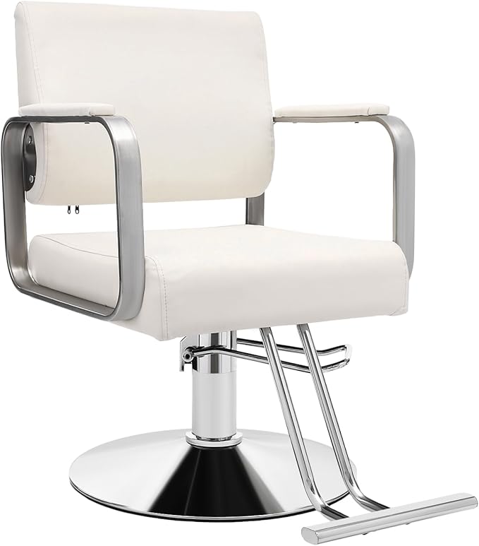 Barber Salon Chair, 440lbs Adjustable Beauty Spa Hair Styling Salon Chair 360° Rotatable Multi-Function Barber Chair with Footrest for Barber Shops Homes & Spas (Off-White+Silver)