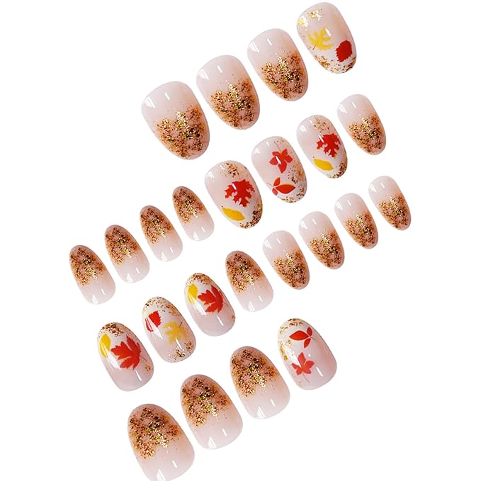 24Pcs Fall Press on Nails Short Oval Fake Nails with Gold Glitter Yellow Red Maple Leaf False Nail Reusable Thanksgiving Acrylic Nails Full Cover Autumn Maple Leaves Stick on Nail for Women Nail Art
