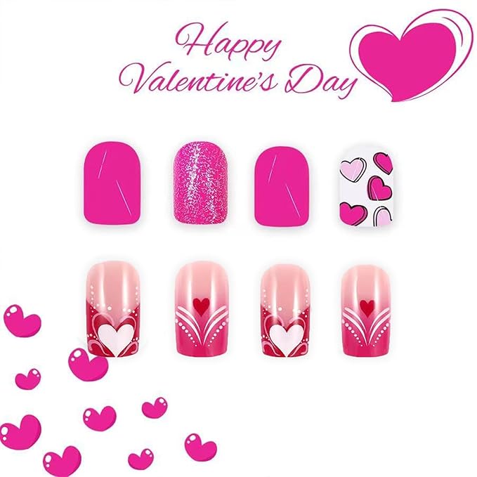 2 Packs 48Pcs Valentine's Day Press on Nails Short Square Fake Nails Heart Acrylic Nails French Tip False Nails Glossy Cute Glue on Nails Kid Heart Love Stick on Nails for Women Girls Nails Decoration