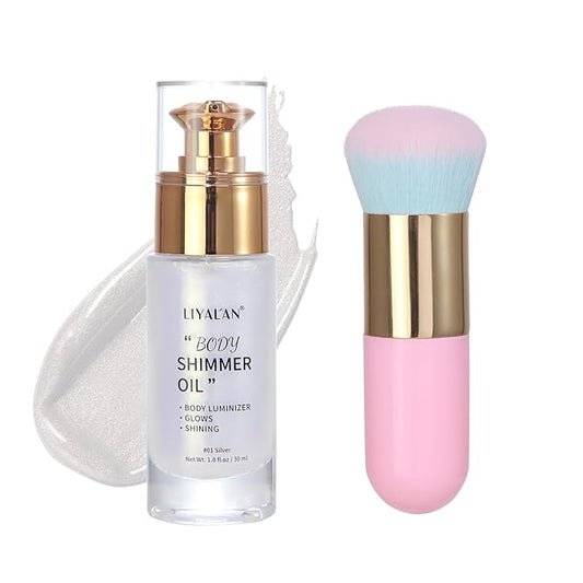 Liyalan Shimmer Body Oil 5 Color Options 1.0 fl.oz Face Glow Pearl Highlighter Illuminator Long-Lasting Shine Glitter Liquid Tanning with Makeup Brush Included (#01 Silver)