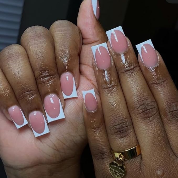 4 Packs 96Pcs French Tip Press on Nails Short Square Fake Nails French Design Glossy Acrylic False Nails Full Cover, Glue Stick On Nails for Women's Manicure & Nail Art Set