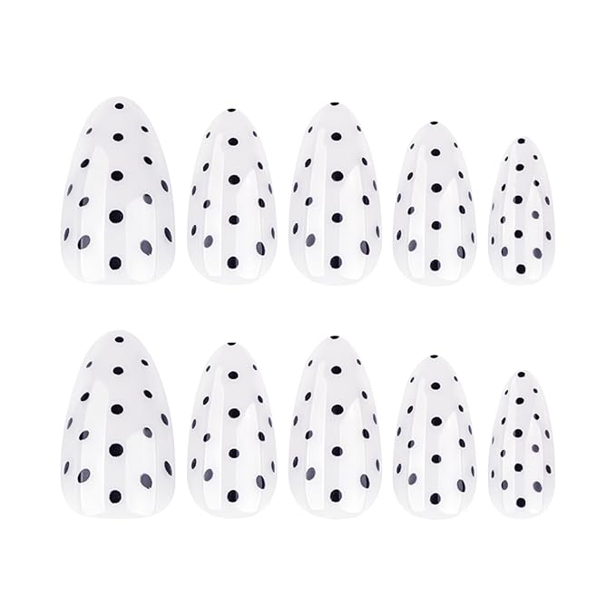 White Almond Press On Nails Short, Cute Fake Nails with Black Polka Dot Detail Design, Glossy Gel Finish Acrylic Nails, Classic Reusable Glue On Nails Kit for Women, 24Pcs