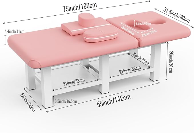pouseayar Stationary Massage Table, 75”L 31.5''W Heavy Duty Esthetician Bed, 800LBS Metal Frame PU Leather Physical Therapy Table Spa Lash Bed Professional Equipment (Pink)
