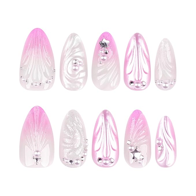 Handmade Almond Shaped Press-On Nails Pink 3D Shell Pearls Medium Long False Nails Crystal Nails Reusable False Nail Kit Glossy Full Cover Glue Nails for Women 24pcs