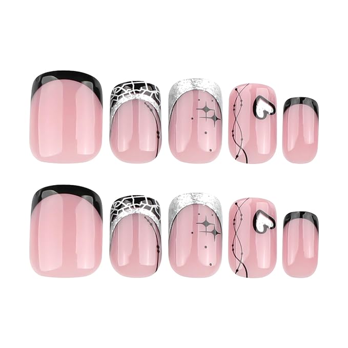 French Tip Press on Nails Short Square Fake Nails Heart Star Acrylic Nails Black False Nails Press ons Glossy Glue on Nails Stick on Nails Cute Artificial Nails for Women Girls Manicure 24Pcs