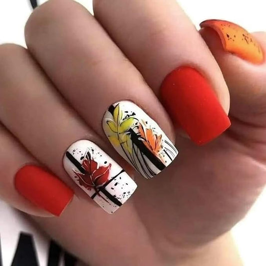 24Pcs Fall Press on Nails Autumn Thanksgiving Fake Nails Medium Square False Nails Maple Leaf Graffiti Design Matte Acrylic Glue on Nail Full Cover Stick on Nail for Coquette Women