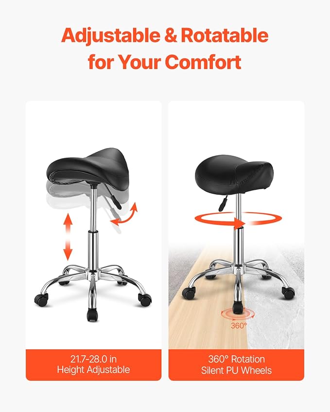 VEVOR Saddle Stool with Wheels, 450 LBS Weight Capacity Ergonomic Rolling Stool, Height Adjustable Thickened PU Leather Swivel Saddle Chair for Salon, Spa, Massage, Tattoo, Clinic, Black