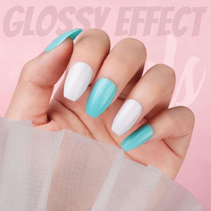 FANDAMEI Press on Nails Medium Length, 24 Pack 576PCS Glossy Medium Coffin Fake Nails Full Cover, Acrylic Short Ballerina False Nail tips with Nail Glue, Nail Adhesive Tabs, Nail File for Nail Art DIY