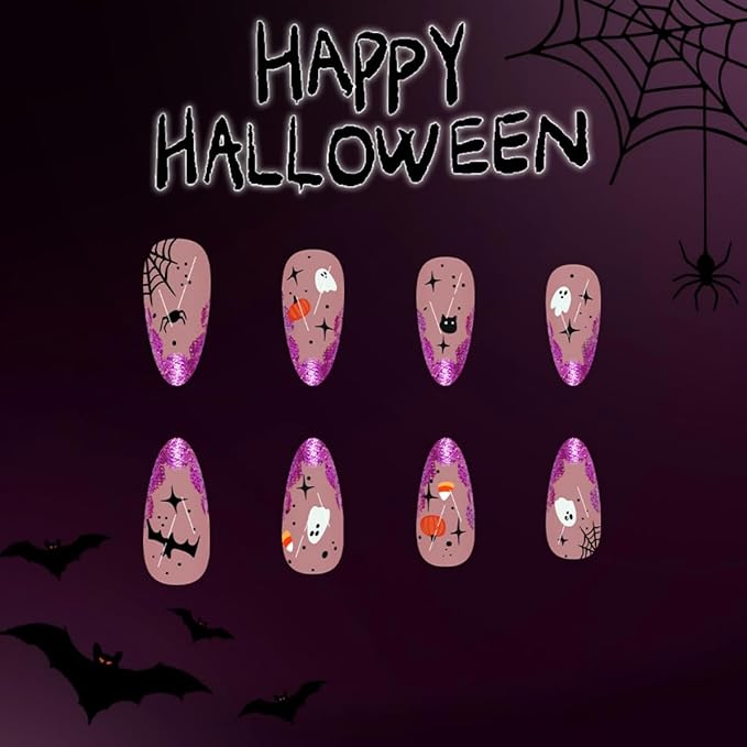 48Pcs Halloween Press on Nails Medium Almond Fake Nails Cute Ghost Skull False Nails wuth Designs Pumpkin Spider Webs Skeleton Glue on Nail Glossy Purple Glitter Acrylic Nail for Women Girls