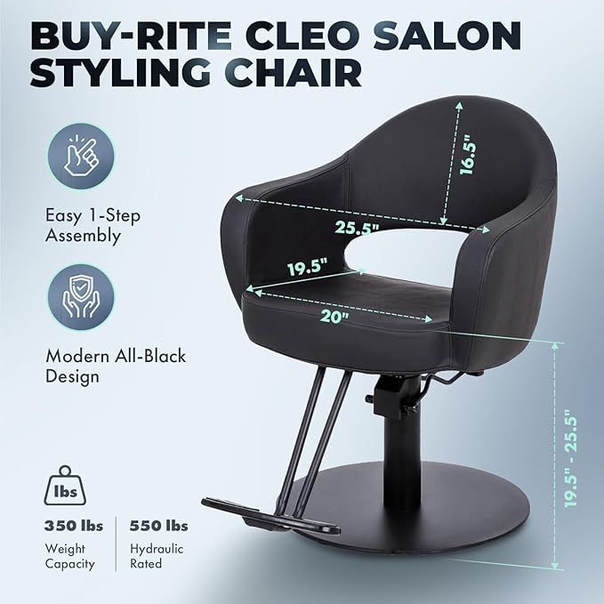 Buy-Rite Cleo Professional Salon Styling Chair & Barber Chair – All Black Vinyl w/Black Stitching, Easy-Clean Crevice-Free Seat, Flat Round Base, Heavy-Duty Build – YLG-376