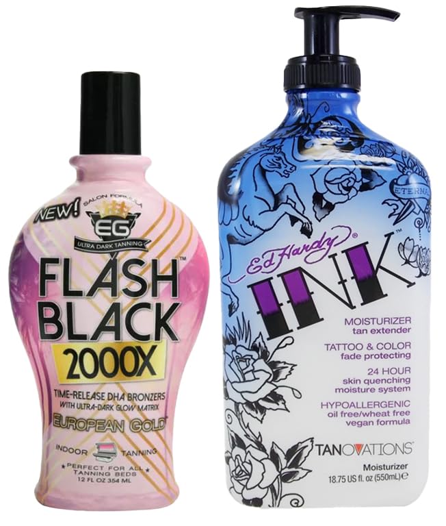 European Gold Flash Black 2000x, 12 oz & Ed Hardy Ink Moisturizer, 18.25 oz, Bronze