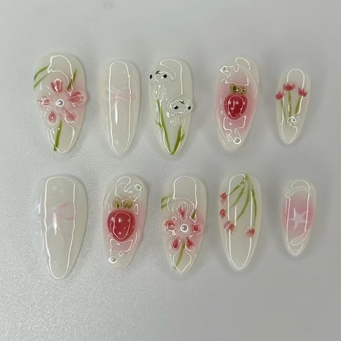 24Pcs Almond Press on Nails Medium 3D Flower Fake Nails Cute Rabbit False Nails Tulip Strawberry Bow Glue on Nail Full Cover Spring Summer Acrylic Artificial Nails for Women Manicure Decoration