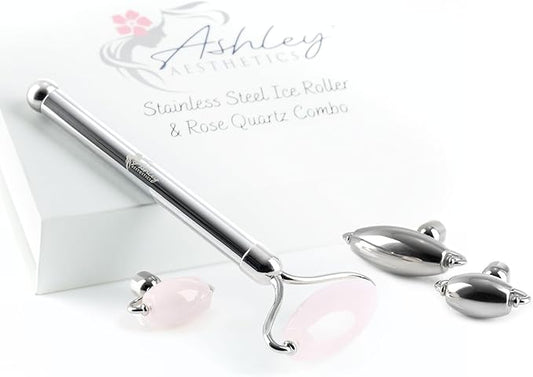Stainless Steel Ice Roller & Rose Quartz Facial Set | Luxury Skin Care Tools for Lymphatic Drainage, Product Absorption, Skin Tightening, & Relaxation