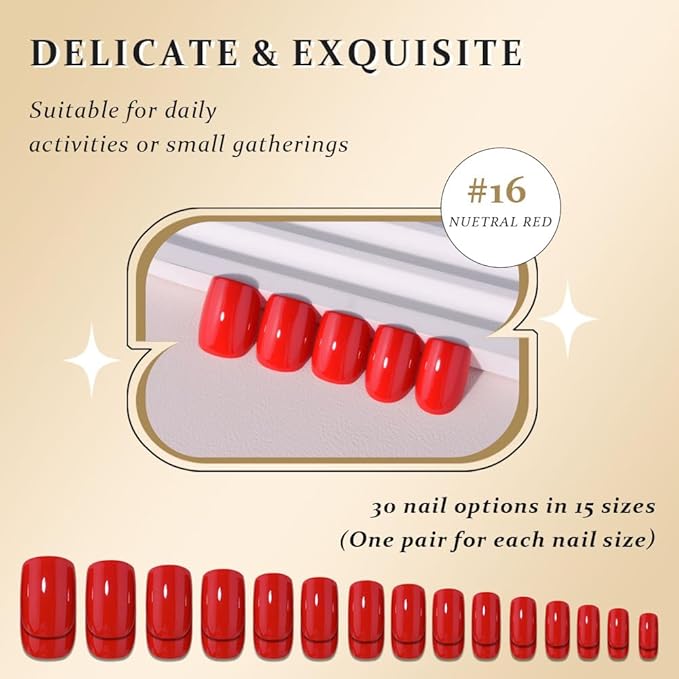 evpct Nuetral Red Short Squoval Glossy Press on Nails for Women Gift, Glossy Nuetral Red Fake Nail with Glue Manicure Kit, Soft Gel Full Cover Reusable Stick Glue on Acrylic False Nails Perfectly Fit