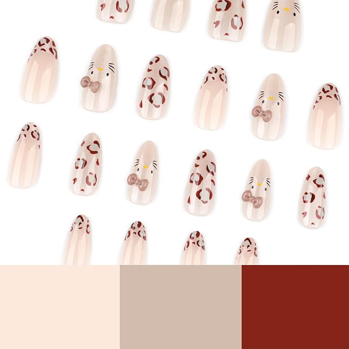 Nude Leopard Press On Nails 24pcs, Cute Cat Design Almond False Nails with Gold Shimmer and 3D Bow, Glossy Reusable Stick On Nails Kit for Women and Girls