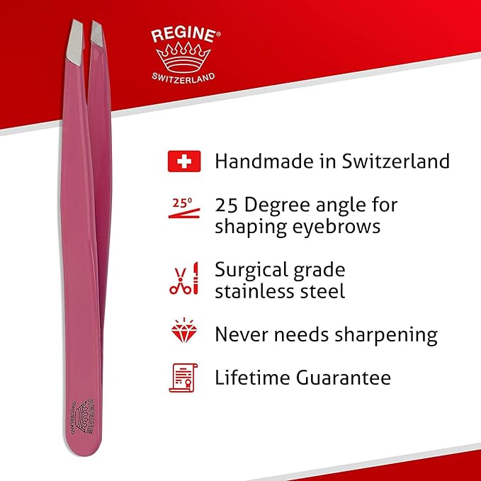 Slant Tweezer - Handmade in Switzerland - Professional Eyebrow & Facial Hair Remover - Etched Interior Grabs Hair from The Root - Perfectly Aligned Tips - Stainless Steel, Pink