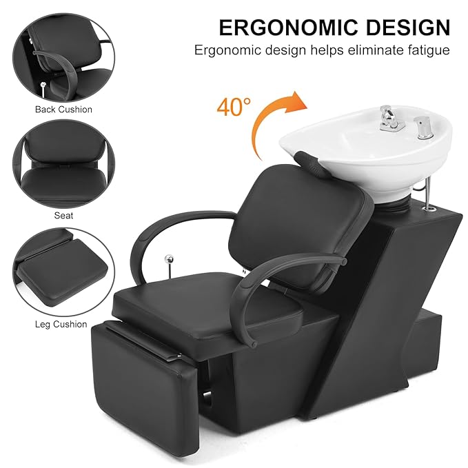 Artist hand Shampoo Bowl, 47" Ceramic Bowl Chair Adjustable Backwash Shampoo Station Footrest Salon Equipment(White Bowl)