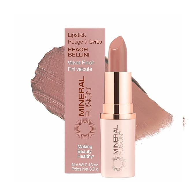 Mineral Fusion Long-Lasting Lipstick, Vivid & Smudge-Free Lip Color with Avocado Oil, Cocoa Seed Butter, Free of FD&C Dyes, Paraben and Gluten, Peach Bellini