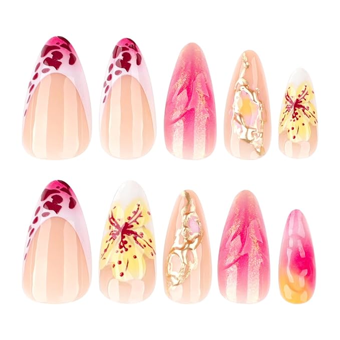 24Pcs Almond Press on Nails Medium French Tips Fake Nails Gilding 3D Flower False Nails with Designs Cute Leopard Pink Glue on Nails Full Cover Artificial Stick on Nails for Women DIY Manicure