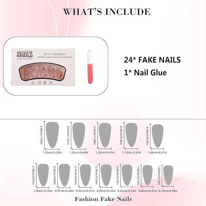 IMRAIN Pink Press on Nails Medium Almond Fake Nails French Tips Acrylic False Nails with 3D Heart Line Designs Glossy Glue on Nails Artificial Nail Supplies Full Cover Cute Handmade Stick on Nails