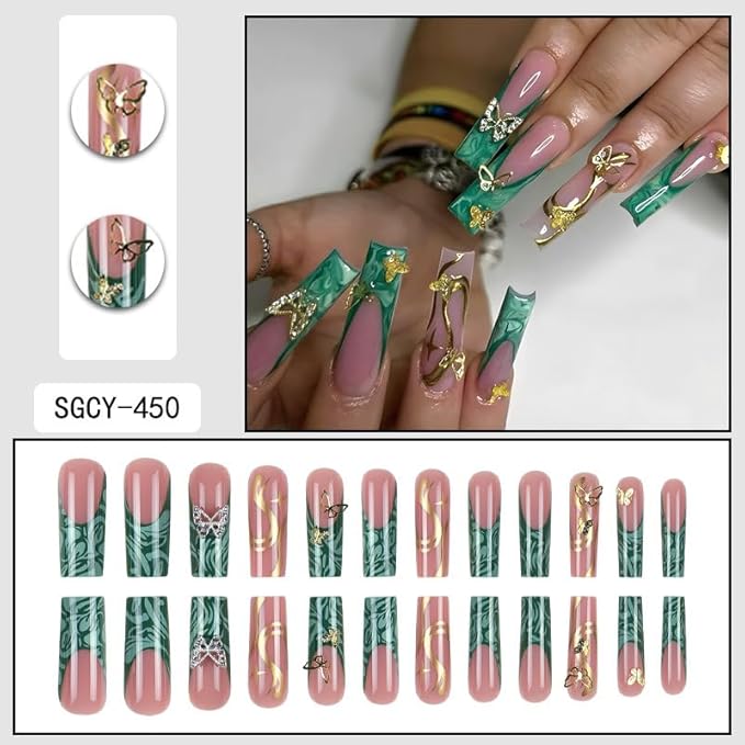 Long Press on Nails Square Fake Nails French Tip False Nails Green Artificial Nails with Butterfly Designs Stick on Nails for Women 24pcs