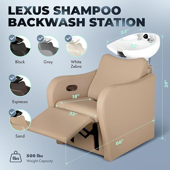 Buy-Rite Lexus Backwash Unit - Professional Salon Shampoo Chair w/Tilting Porcelain Bowl, Wide Seat, Kick-Out Legrest, Single Handle Faucet & Neck Rest – Sand Vinyl w/White Bowl, TS-8018B