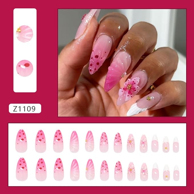 Rose Pink Gradient Press on Nails Medium Almond Shaped Fake Nails with 3D Flowers Striped Polka Dot Designs Glossy Full Cover Stick on Nails French Tip Acrylic Nails for Women DIY Manicuare 24 Pcs