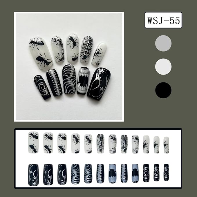 24Pcs Goth Press on Nails Long Square Halloween Fake Nails Black White Ant Skull Flame Glossy Glue on Nail Full Cover Artificial Nails Reusable Horror False Nails for Women Acrylic Manicure Decor