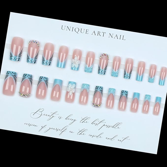 24Pcs Blue French Tip Press on Nails Medium Square Summer Flower Fake Nails 3D Floral with Rhinestones Full Cover Tips Glue on Nails Pink Nails Stick on Nails Cute False Nails for Women Acrylic Nails