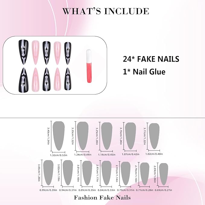 IMRAIN Press On Stiletto Fake Pink Black Glossy Glue on Nails - Full Cover Artificial False Nails with Skull Designs Halloween 24 Pcs Stick Ons