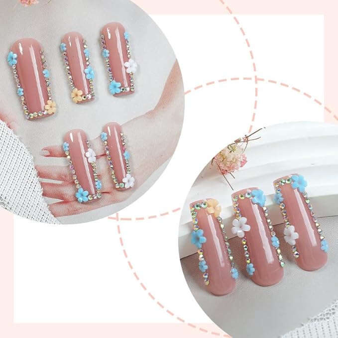 Long Press on Nails Square Fake Nails Rhinestone False Nails with Blue Flowers Artificial Nails Stick on Nails for Women 24pcs
