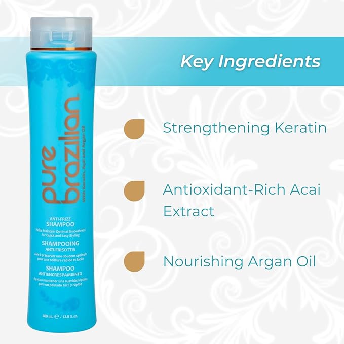 Pure Brazilian Anti-Frizz Daily Shampoo, Salt-Free, Color Safe, with Keratin, Argan Oil & Acai for Prolonged Treatment & Smooth Hair, 13.5 Oz