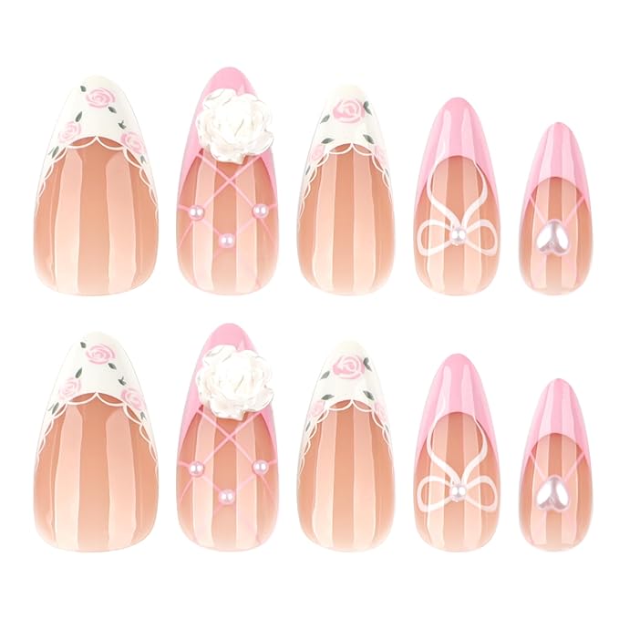 Handmade 3D Flower Pearl French Tips Press On Nails Almond Medium, Floral Bow French Tip Designer Reusable Acrylic Fake Nails With Cute Glue On Nails, Daily Wear Nails For Women Girls