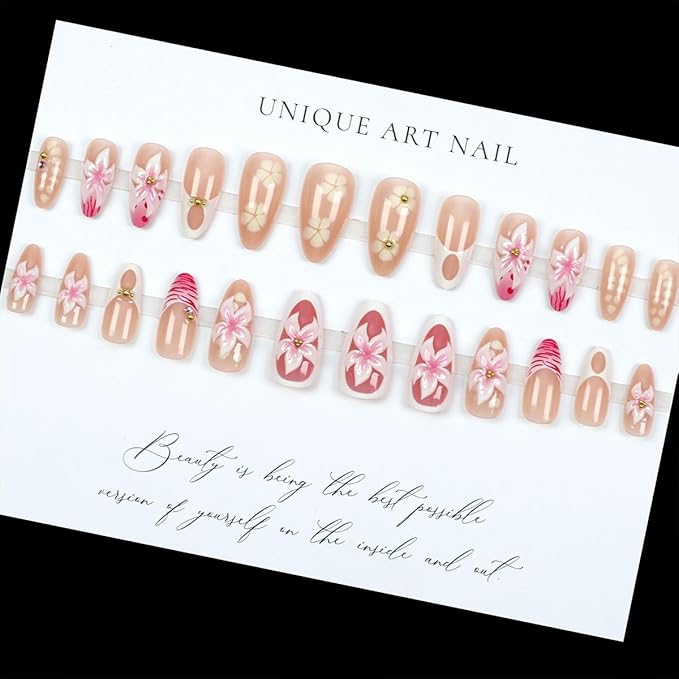 Pink Flower Press on Nails Medium Almond Fake Nails with Designs 3D Floral Gold Pearl Summer False Nails French Tip Glue on Nails Almond Shape Acrylic False Nails Tip Stick on Nails for Women 24Pcs
