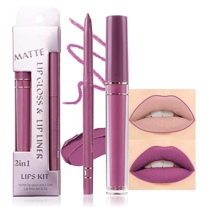 evpct 2Pcs Voilet Matte Lip Liner and Lipstick Pencils Lip Gloss Stains Makeup Set Kit for Women Long Lasting Waterproof 24