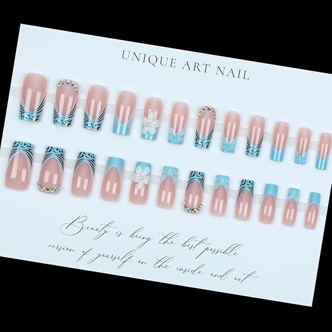 24Pcs Blue French Tip Press on Nails Medium Fake Nails 3D Flower False Nail with Rhinestones Charms Designs Sparkly Glue on Nail Full Cover Artificial Acrylic Nails for Women DIY Manicure