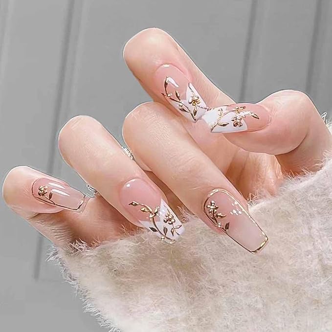 RikView French Tips Press on Nails Long Fake Nails White Nails Glossy Coffin Nails for Women 24 PCs/Set