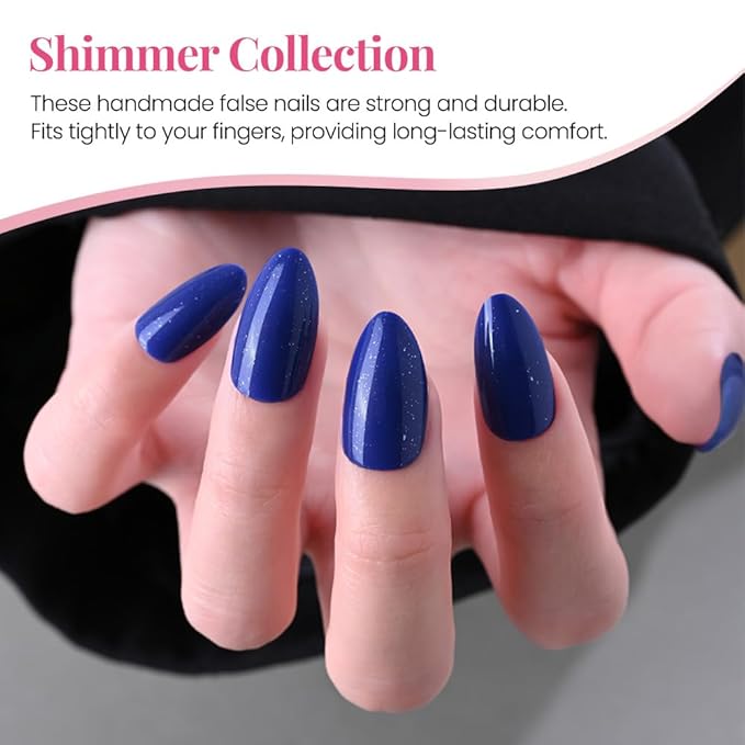 evpct Press on Nails Almond Short, Royal Blue Glitter Shimmer Shiny Short Almond Fake Nails for Women Gift, Soft Gel Press Glue On Nails with Nail Glue, 30Pcs Reusable Acrylic Fake Nail Manicure Kit