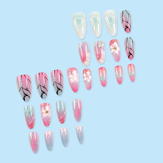 24Pcs Medium Almond Press on Nails Summer Fake Nails with 3D Flower Butterfly Designs False Nail Tips Glossy Pink Blue Glue on Nails Handmade Full Cover Acrylic Stick on Nail for Women