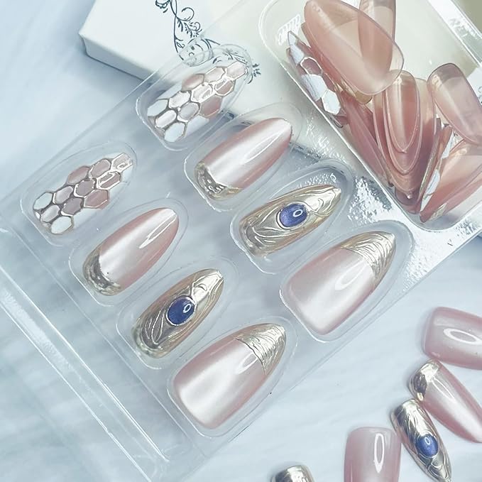 Almond Press on Nails Gold French Tip Fake Nails with Designs Chrome Acrylic Nails Glossy Nude Pink Full Cover Stick on Nails Artificial Almond Nails Tips False Nails for Women Manicure 30Pcs