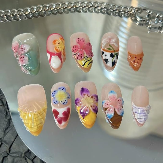 30Pcs Summer Press on Nails Medium Almond Flower Fake Nails 3D Colorful Flowers Designs Full Cover Glue on Nails Reusable Artificial Nails French Tip False Nails for Women Girls Acrylic Manicure DIY