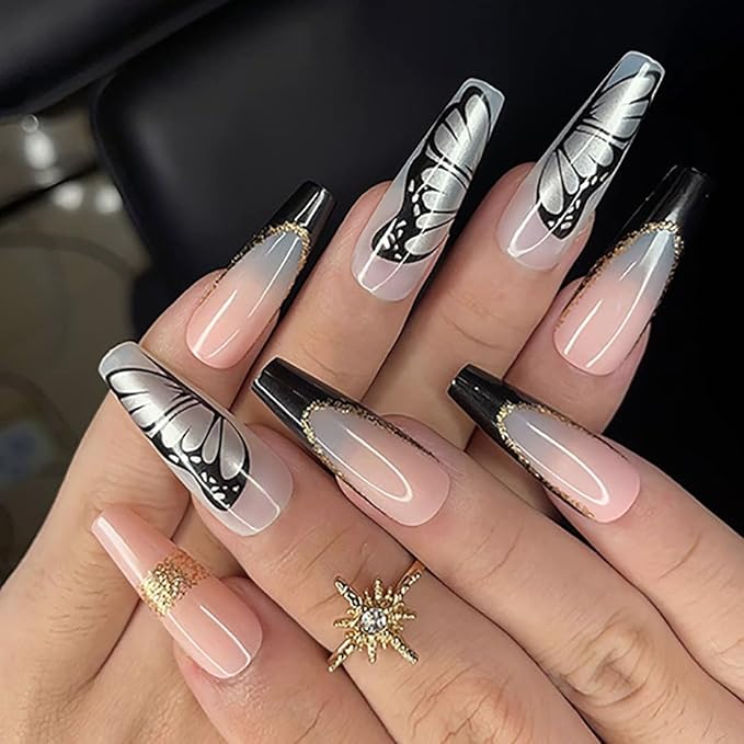 Yivaiks 24 Pcs Black French Tip Press on Nails Long Coffin Nails,Fake Nails with Nail Glue on Nails for Women,Ballerina Butterfly Sequin Acrylic Nails French Tip Nails