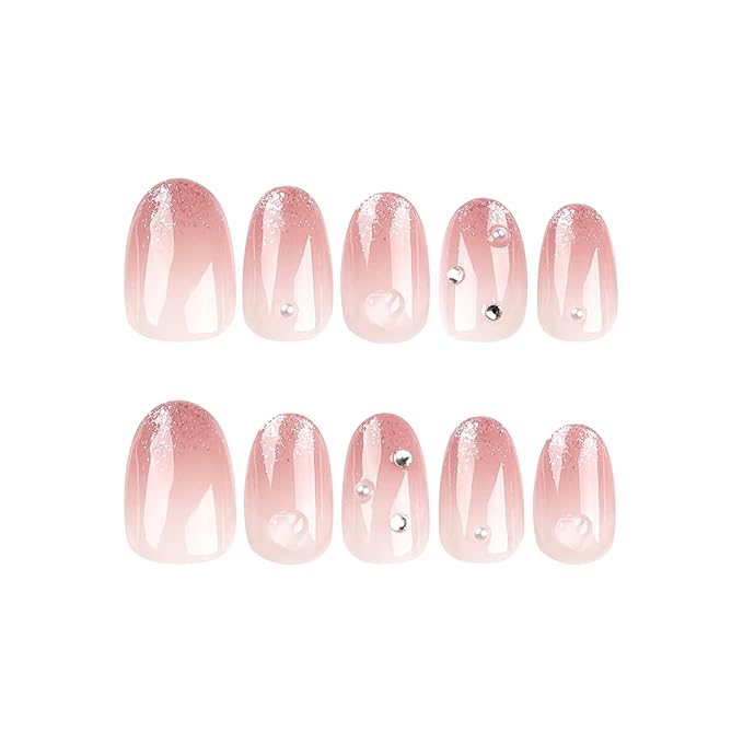 Nude Glitter Cat eye Press-On Nails – 24 Long Oval Nails, 12 Sizes, Pink Sheer Base with Rhinestone Accents, Glossy & Elegant, Includes Tool Kit, Easy DIY
