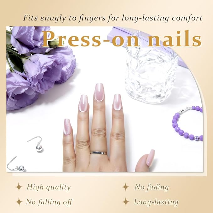 evpct Nude Cat Eye Coffin Press on Nails Square Medium, Medium Square Glue on Nail for Women Gift, Nude Metallic Glitter Glossy Reusable Summer Soft Gel Press on Acrylic Fake Nail with Designs