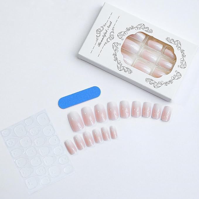 Press on Nails Pink French Medium Rhinestone Square Bling White Glossy False Tips Artificial Luxury Finger Manicure for Women and Girls, 24pcs (Square 2)