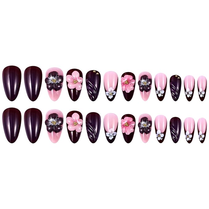 24Pcs Dark French Flower Press on Nails Almond Medium Fake Nails with 3D Pearl Charms Design French Nails Brown False Nails Full Cover Artificial Glue on Nails for Women DIY Manicure Daily Wear